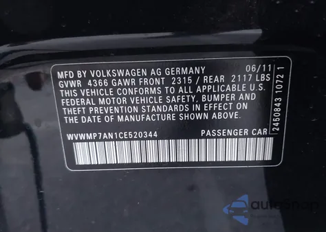2012 Volkswagen Cc Sport from USA, damaged, VIN WVWMP7AN1CE520344